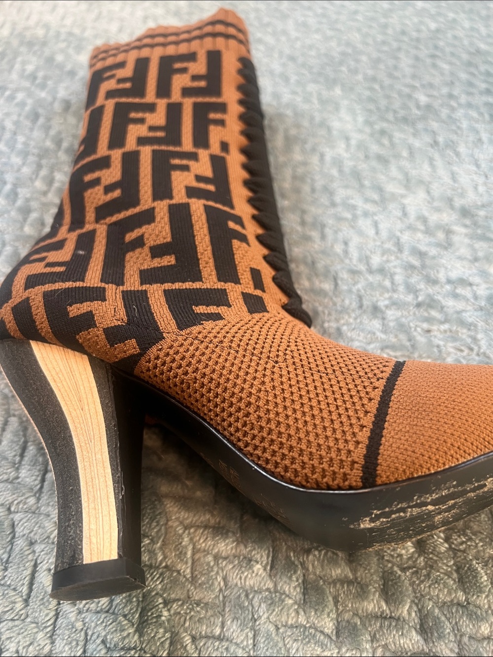 Fendi Brown and Black FF Monogram Knit Sock Boots - Picture 4 of 6